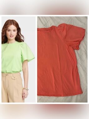 A New Day Women’s KTW Satiny Puff Elbow Sleeve T-shirt Cotton Stretch Coral XL